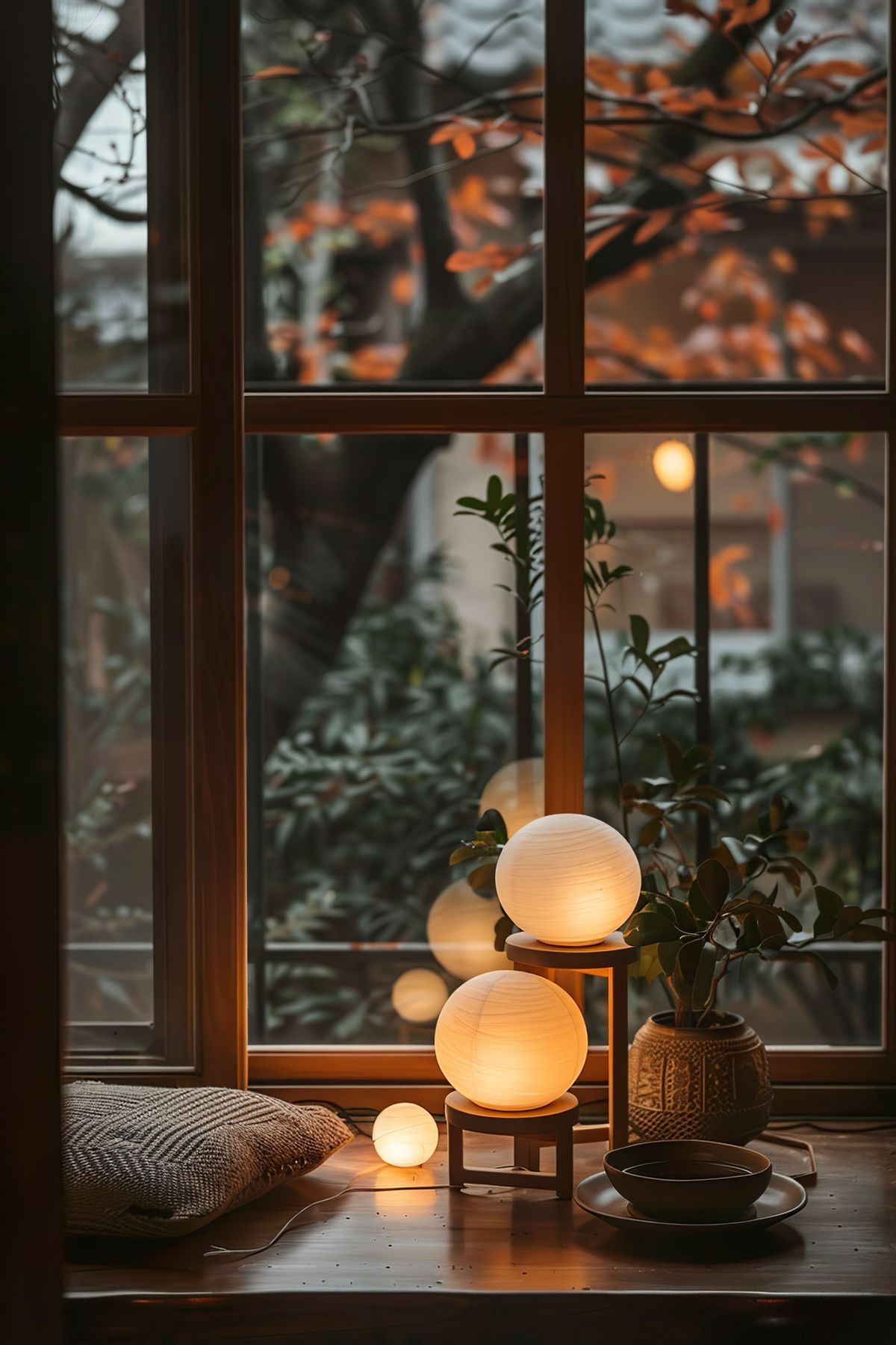 從室內望向窗外景色，窗邊臥榻放著月亮燈具以及綠植