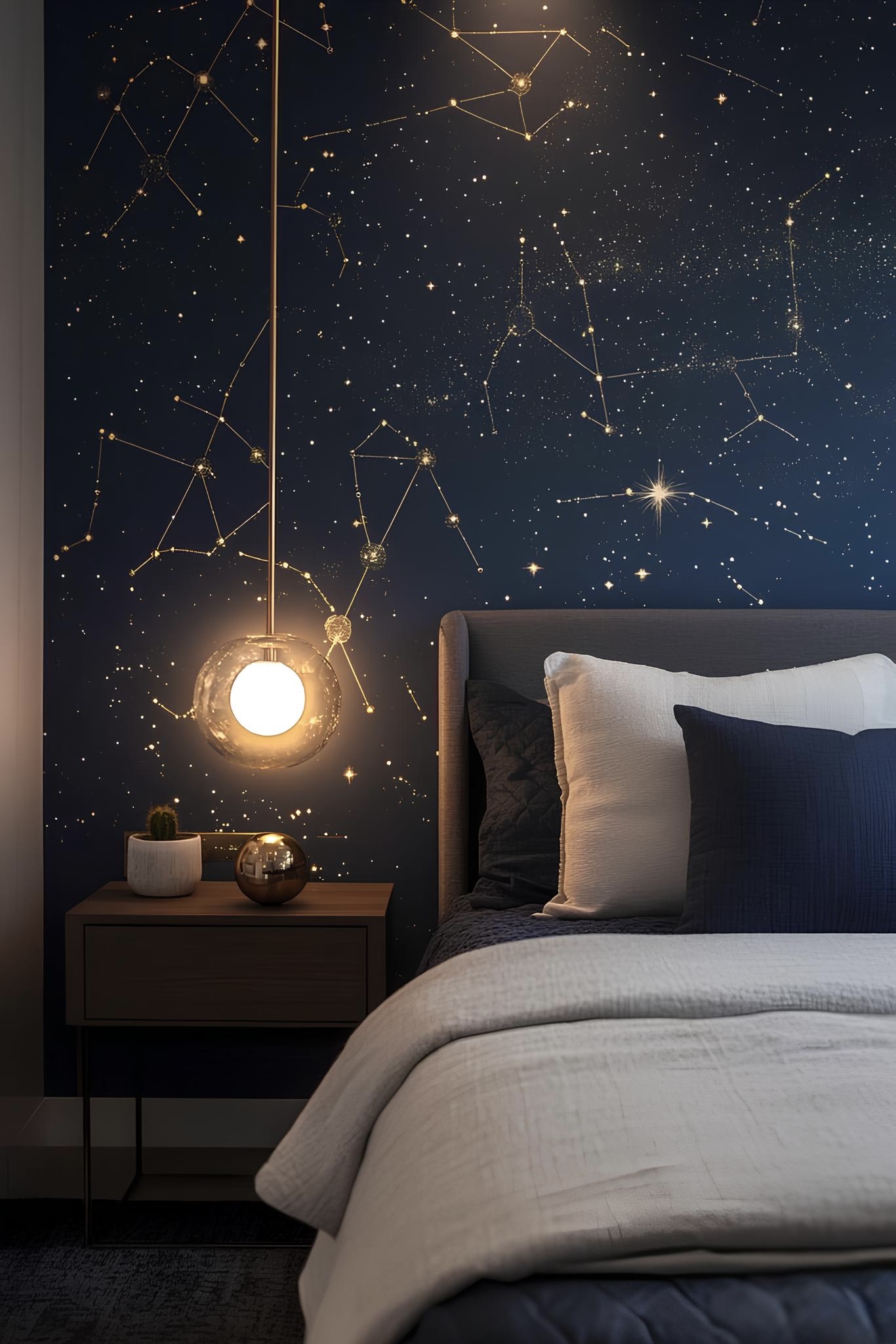 玻璃圓形吊燈掛在床頭櫃上，背牆則以深藍底及金色的滿天星座來呈現星空