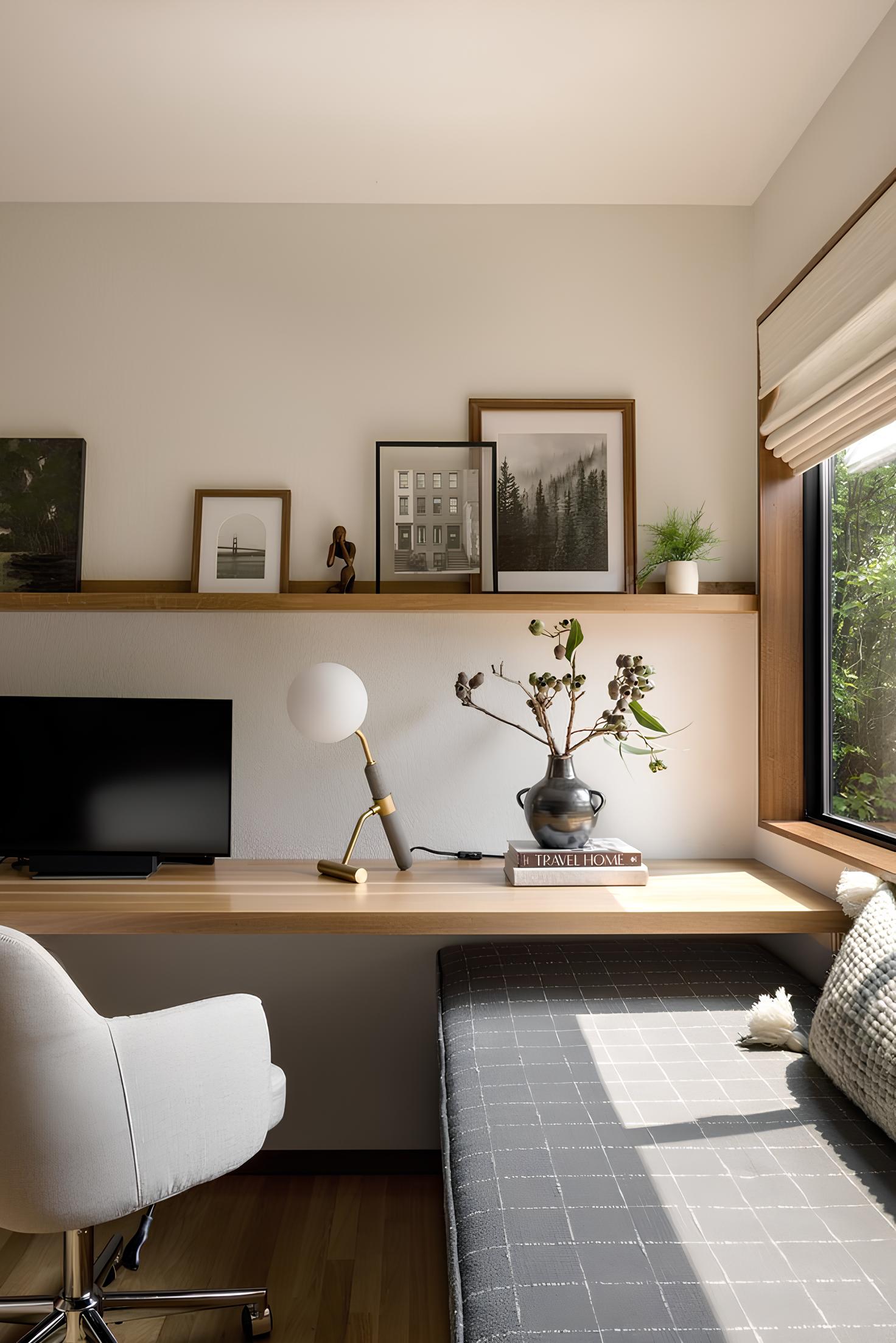 一個白天的無印風書房，書桌上放著一盞圓球桌燈