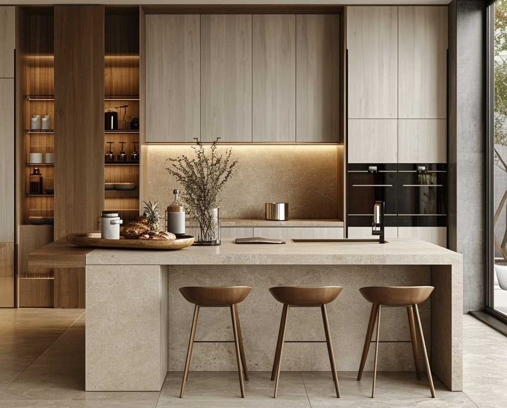 現代極簡風格中島設計案例：石材檯面搭配木質吧台椅，打造兼具美感與社交機能的開放式廚房空間。