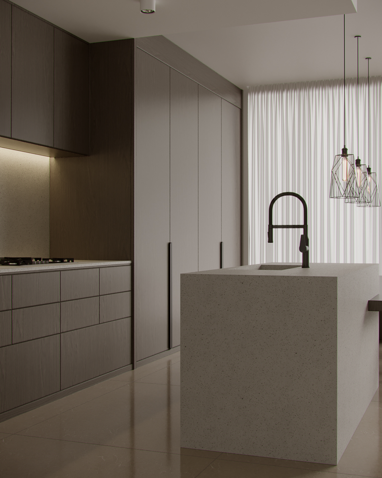 中島設計案例：深色木質櫥櫃搭配一體成型的霧面石材質感中島，點綴黑色幾何吊燈，打造沉穩大氣且具奢華感的開放式廚房。